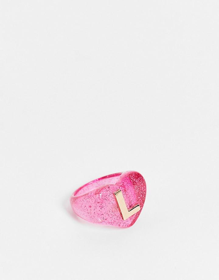 Asos Design Plastic Ring With L Initial-pink