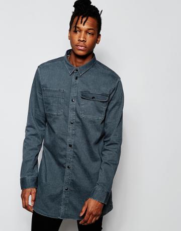 D.i.e. Workman Denim Longline Shirt In Worn Gray Wash - Gray Wash 2
