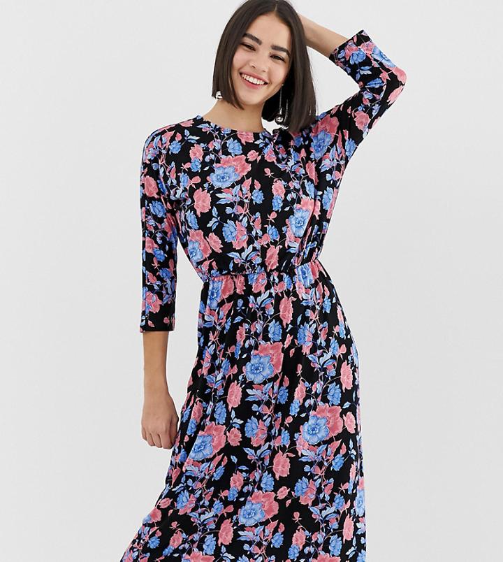 Monki Floral Print Jersey Midi Dress In Black