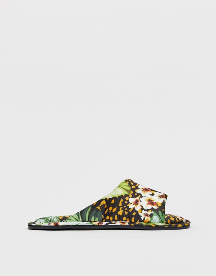 Asos Design Nalani Asymmetric Animal And Palm Leaf Two-piece Satin Slippers - Multi