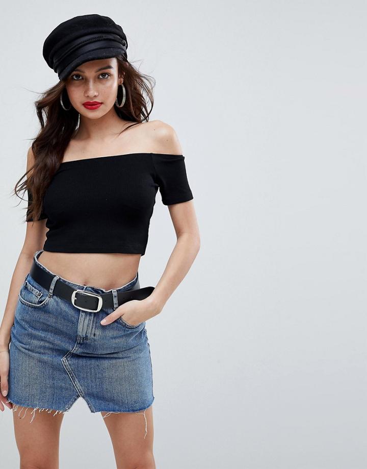 Asos Design Off Shoulder Crop Top In Rib - Black