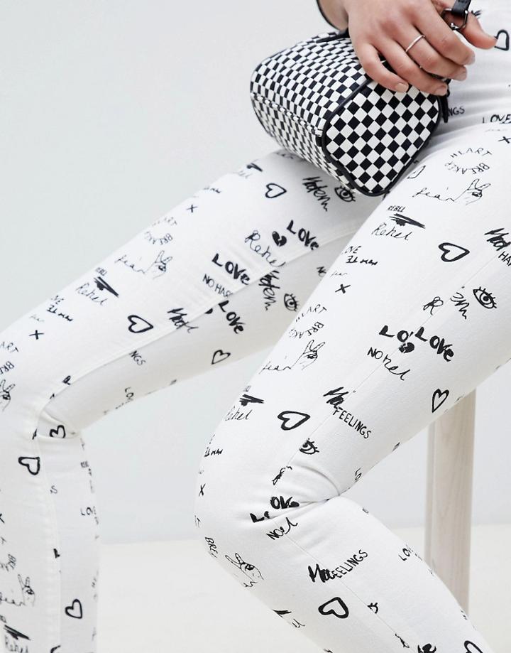 Asos Design Ridley High Waist Skinny Jeans In Tattoo Mono Print - Multi