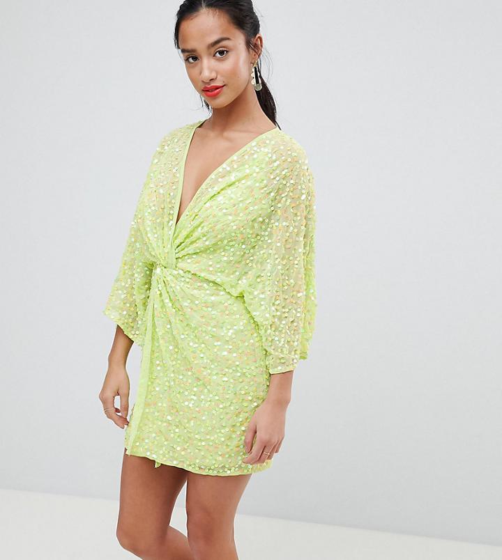 Asos Design Petite Super Mini Kimono Dress In Sequin - Green