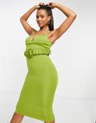 Asos Design Sleeveless Cupped Ruched Belted Midi Dress In Green
