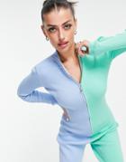 Annorlunda Zip Front Ribbed Top In Color Block - Part Of A Set-blues