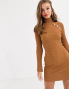 Lipsy High Neck Knitted Dress With Gold Button Detail In Brown