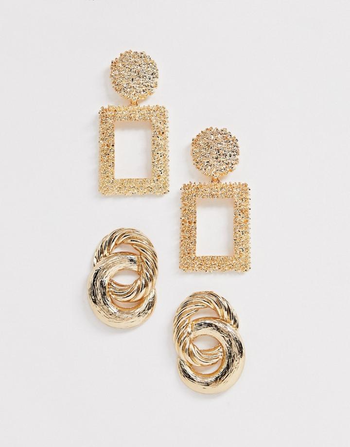 New Look 2 Pack Rectangle Drop And Linked Hoop Earrings In Gold - Gold