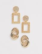 New Look 2 Pack Rectangle Drop And Linked Hoop Earrings In Gold - Gold