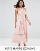 True Decadence Petite Premium Frill High Neck Prom Skater Dress With Lace Contrsat Inserts - Pink