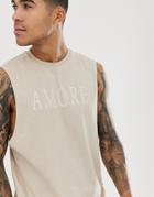 Asos Design Relaxed Sleeveless T-shirt With Amore Print-beige
