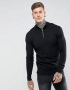 Asos Midweight Half Zip Sweater In Black - Black