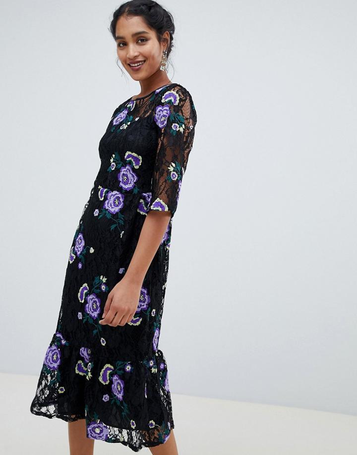 Closet London 3/4 Sleeve Embroidered Midi Dress-multi