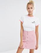 Lazy Oaf Retro Ringer Tee With Potty Mouth Rose Embroidery - White