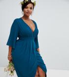 Tfnc Plus Midi Wrap Bridesmaids Dress With Kimono Sleeve In Petrol Blue - Blue