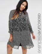 Asos Curve Mixed Print Ditsy Smock Shirt Dress With Tie Neck - Multi