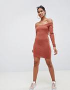 Asos Design Off Shoulder Dress In Rib Knit - Stone