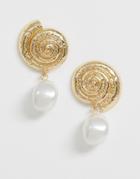 Asos Design Earrings In Asymmetric Shell And Pearl Design In Gold - Gold