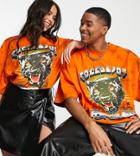 Collusion Unisex Oversized T-shirt With Animal Print In Tie Dye-orange