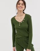 Asos Design Mix & Match Ribbed Long Sleeve Top With Tortoishell Buttons-green