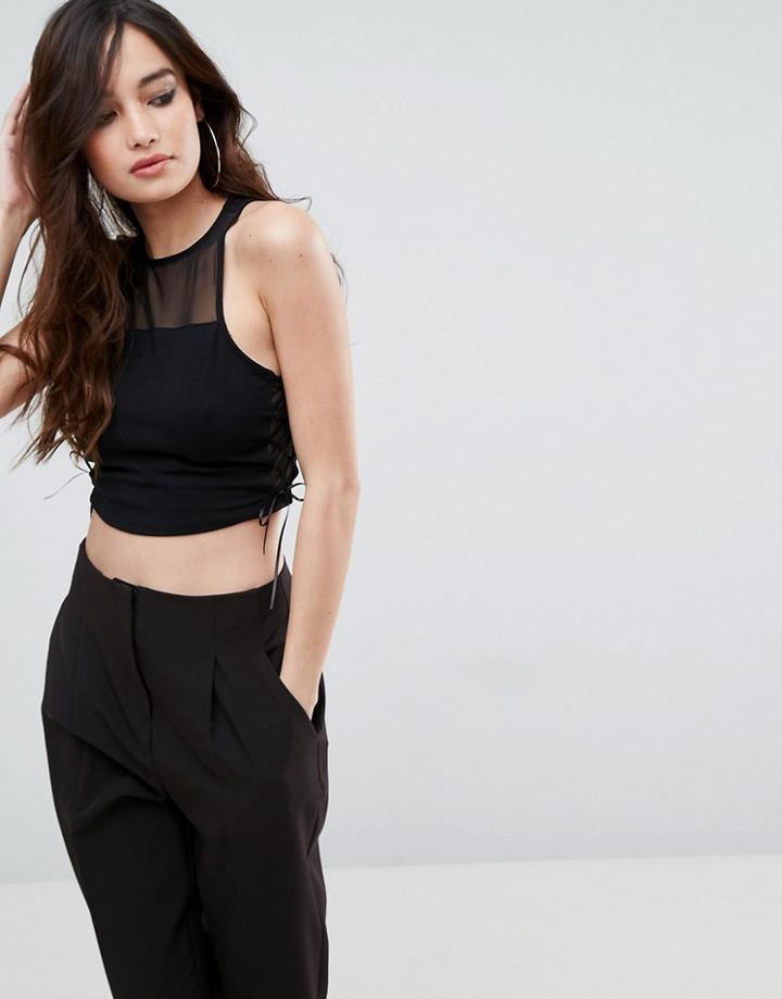 Asos Top With Mesh Insert & Lace Up Corset Detail - Pink
