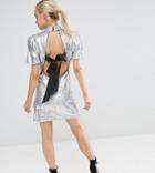 Asos Petite 80's Sleeve Sequin Iridescent Bow Back Mini Dress - Silver