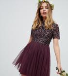 Maya Petite High Neck Mini Tulle Dress With Tonal Delicate Sequins In Berry - Red