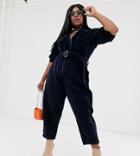 Asos Design Curve Cord Belted Jumpsuit With Tapered Leg-blue