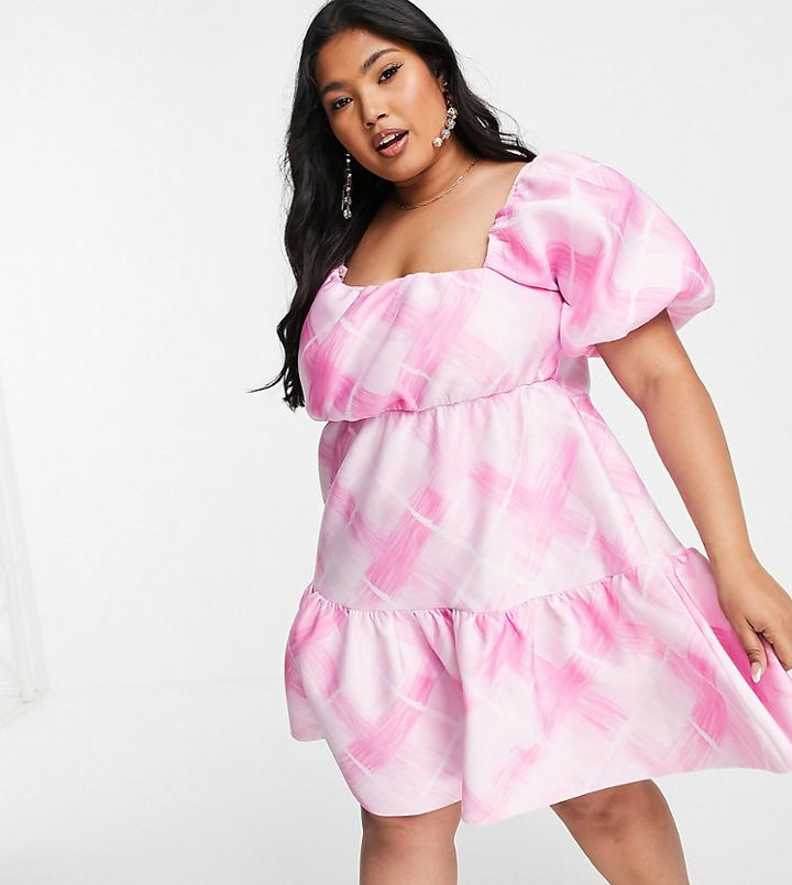 Asos Design Curve Asymmetric Ruched Smock Mini Dress In Check Print-multi