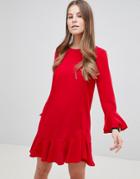 Asos Design Fluted Sleeve Ruffle Hem Mini Dress - Red