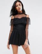 Asos Dobby Mesh Cold Shoulder Ruffle Romper - Black