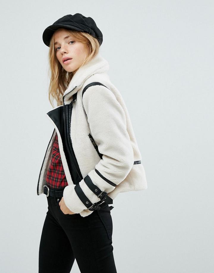 New Look Contrast Shearling Jacket - Cream