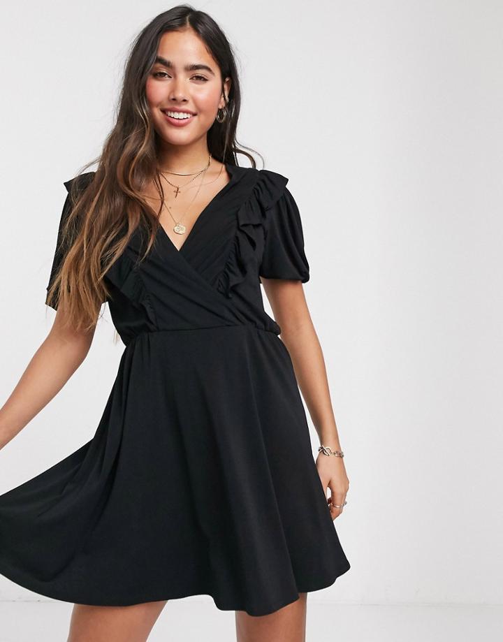 Mango Ruffle Detail Mini Dress In Black