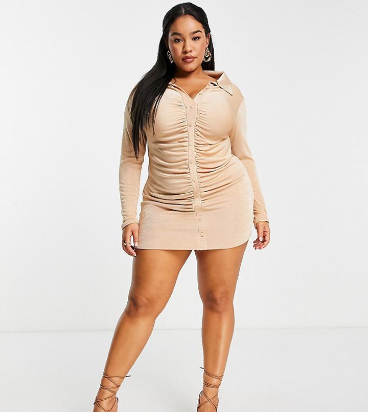 Missguided Plus Slinky Mini Shirt Dress With Ruched Front In Stone-neutral