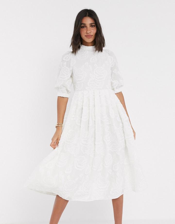 Asos Design Premium Broderie Midi Smock Dress With Lace Up Back In Cream-white