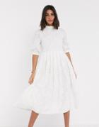 Asos Design Premium Broderie Midi Smock Dress With Lace Up Back In Cream-white