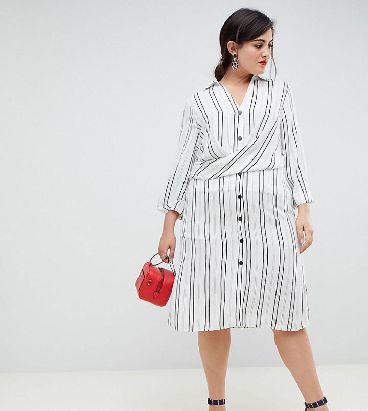 River Island Plus Wrap Front Shirt Dress In Stripe - Cream
