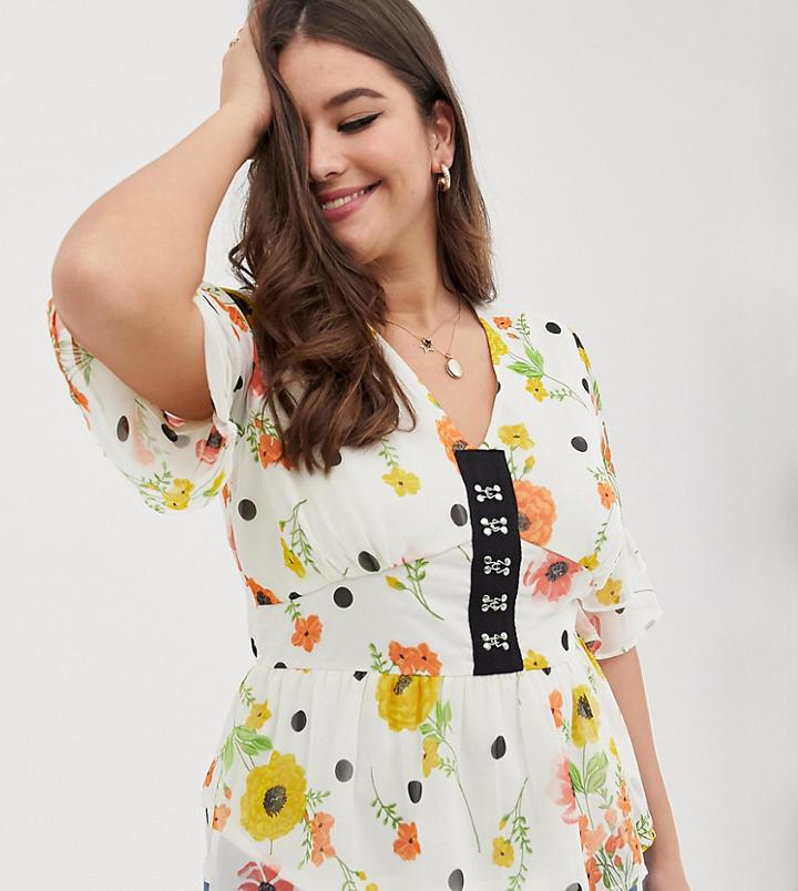 Influence Plus Polka Dot Floral Print Flutter Sleeve Blouse-white