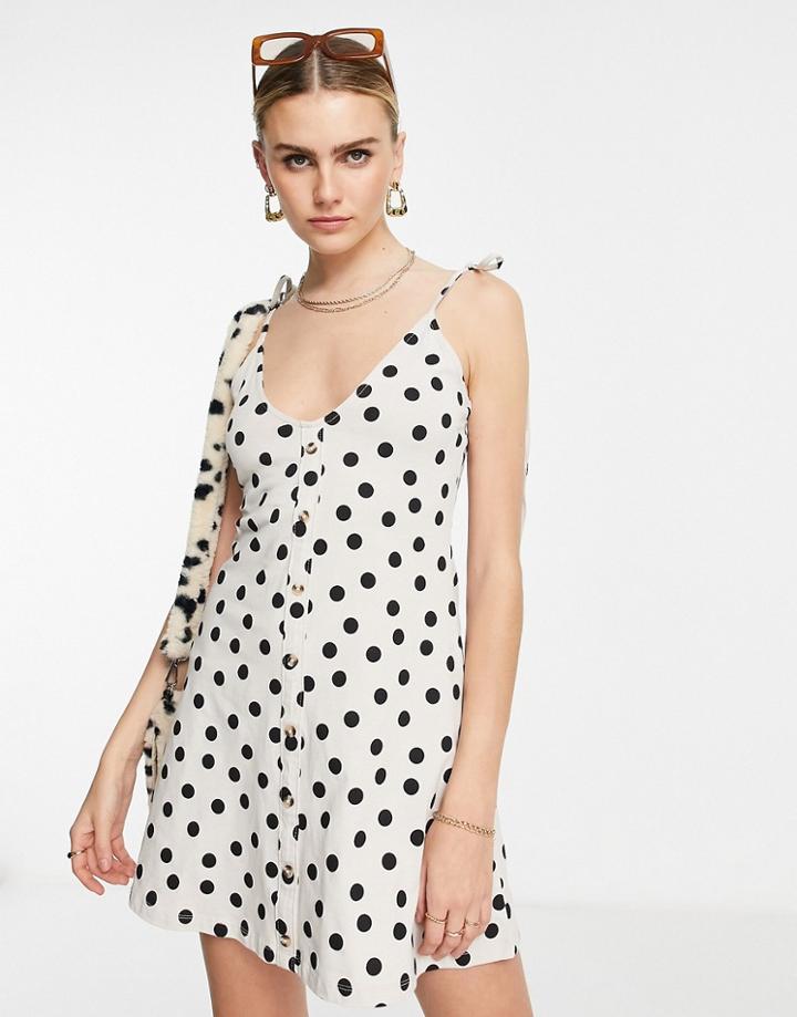 Asos Design Mini Button Through Tie Shoulder Sundress In Stone And Black Spot-multi