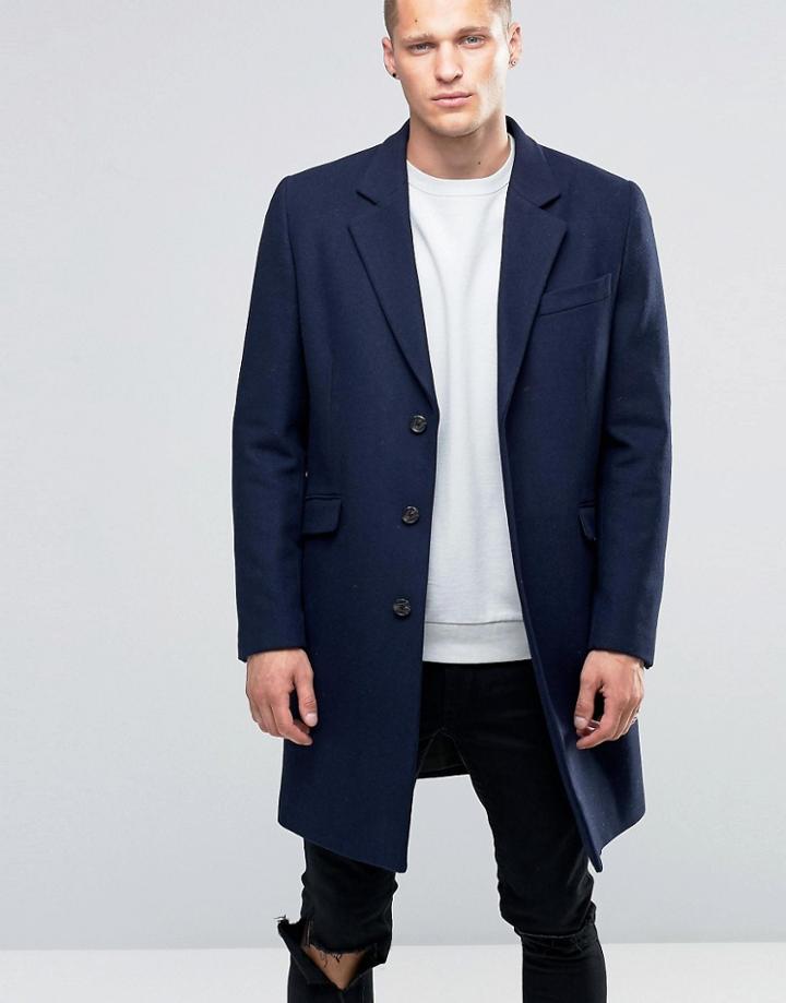 Asos Wool Mix Overcoat In Navy - Navy
