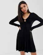 Asos Design Mini Long Sleeve Swing Dress With Tortoiseshell Ring Detail-black
