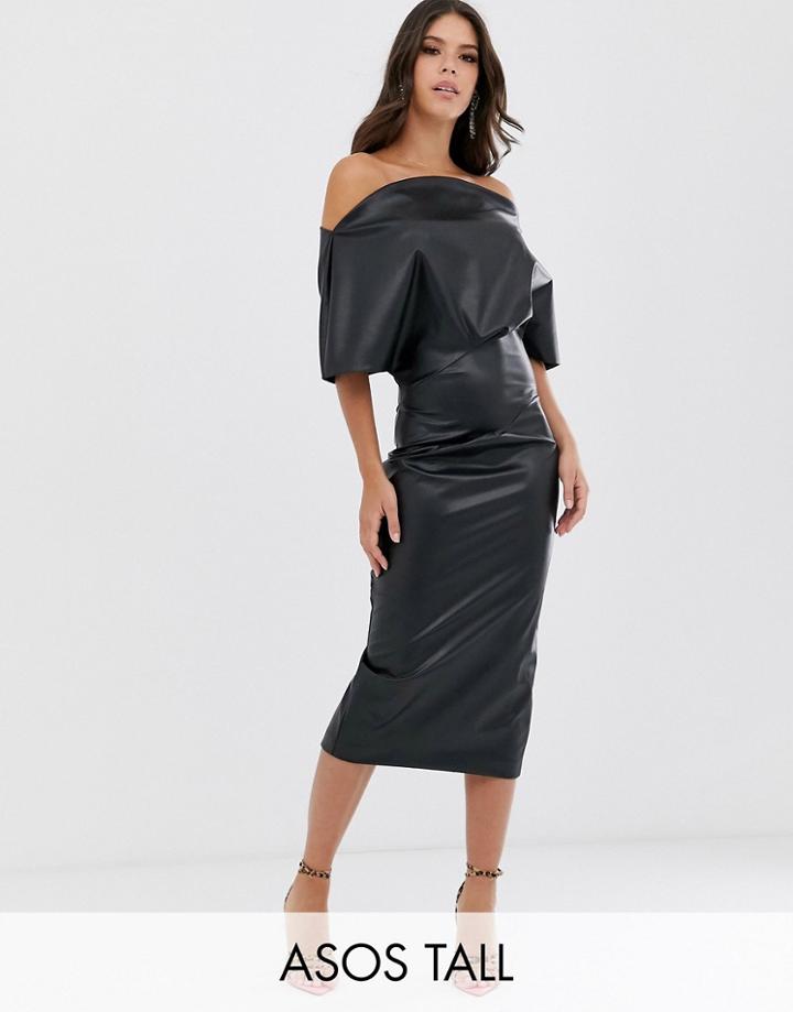 Asos Design Tall Pu Drape Shoulder Midi Pencil Dress-black
