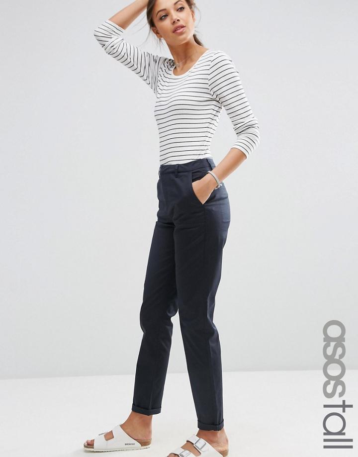 Asos Tall Casual Chino Trousers With Roll Hem - Navy