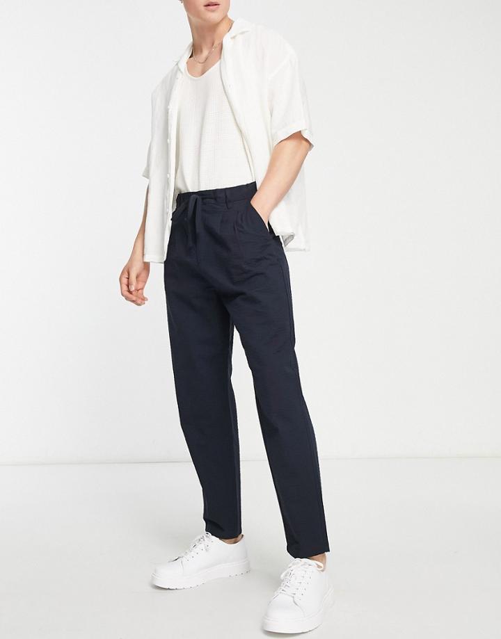 Only & Sons Tapered Cropped Pants In Navy Seersucker