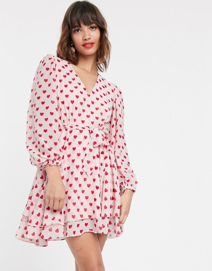 Pretty Lavish Tie Waist Mini Dress With Balloon Sleeves In Heart Print-pink