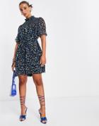 French Connection Mini Tea Dress In Blue Ditsy Floral