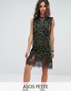 Asos Petite Sleeveless T-shirt Dress With Lace Inserts In Khaki Leopard Print - Green