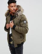 Good For Nothing Bomber Jacket In Khaki With Faux Fur Hood - Green