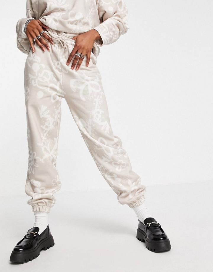 Topshop Floral Graffiti Pattern Oversized Sweatpants In Beige - Part Of A Set-neutral
