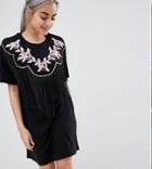 Asos Design Petite Embroidered Yoke Western T-shirt Dress With Fringing - Black