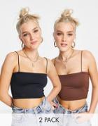 Pull & Bear Ribbed Strappy Crop Top In Black And Brown-multi